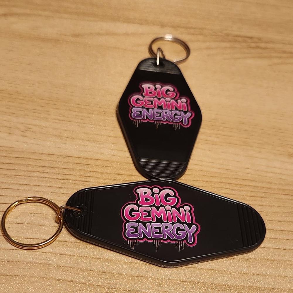 Black Gemini Keychain with  Pink Text